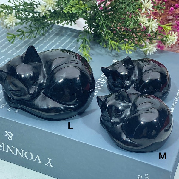 Chat en obsidienne naturelle, Figurine de chat noir, Statue de chat noir, chat en pierres précieuses, Cadeau en cristal, Décoration de maison, Chat en cristal de quartz