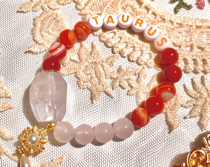 Taurus Gift, Gemstone Rose Quartz Bracelet, Twelve Zodiac Signs Crystal Bracelet, Customized Birthday Gift, Custom Text Gemstone Bracelets