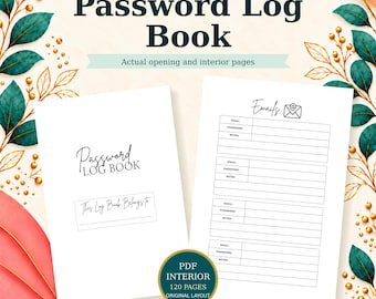 May include: A digital password log book template featuring a title page and an email entry page. The design includes dark green leaves and gold accents. Text includes "ALL ABOUT KDP", "Password Log Book", "Emails", and "This Log Book Belongs To".