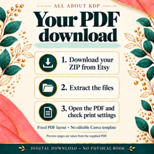 May include: An instructional graphic titled ALL ABOUT KDP Your PDF download. It features three steps: 1. Download your ZIP from Etsy, 2. Extract the files, 3. Open the PDF and check print settings. Includes text: Fixed PDF layout, No editable Canva template, Preview pages are taken from the supplied PDF, DIGITAL DOWNLOAD, NO PHYSICAL BOOK. Decorated with teal leaves and gold berries.
