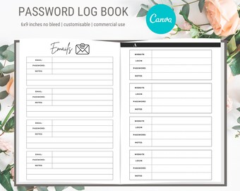 Password Log Book: Editable Canva Template - 6x9 PDF Download