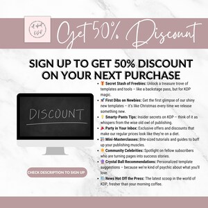 May include: Promotional graphic with text "Get 50% Discount" and "Sign up to get 50% discount on your next purchase." Includes a computer monitor with the word "Discount" on the screen. Additional text details freebies, tips, and more.