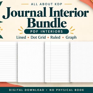 Op de afbeelding: Een digitale downloadbundel getiteld All About KDP Journal Interior Bundle PDF Interiors met vier witte papiersjablonen: gelinieerd, gestippeld, geruit en met lijnen. Het ontwerp bevat donkergroene tekst en bladmotieven.