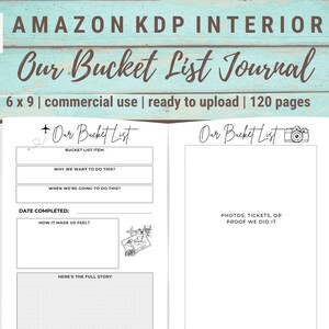 K&ouml;nnte beinhalten: Ein offenes Notizbuch mit dem Titel "Our Bucket List Journal". Die linke Seite enth&auml;lt Aufforderungen f&uuml;r Bucket-List-Eintr&auml;ge, die rechte Seite bietet Platz f&uuml;r Fotos. Das Notizbuch ist 6 x 9 Zoll (ca. 15 x 23 cm) gro&szlig; und hat 120 Seiten.