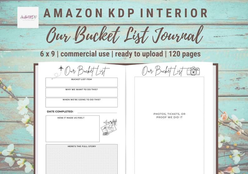 K&ouml;nnte beinhalten: Ein offenes Notizbuch mit dem Titel "Our Bucket List Journal". Die linke Seite enth&auml;lt Aufforderungen f&uuml;r Bucket-List-Eintr&auml;ge, die rechte Seite bietet Platz f&uuml;r Fotos. Das Notizbuch ist 6 x 9 Zoll (ca. 15 x 23 cm) gro&szlig; und hat 120 Seiten.