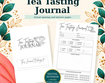 May include: A digital tea tasting journal featuring two interior pages with sections for tea name, brand, variety, preparation, and tasting notes. The pages include checkboxes and a rating system with small teacup icons, all set against a floral background.