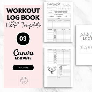 Pode incluir: Um modelo de livro de registro de treino rosa e branco com o texto "Workout Log Book KDP Template" e "Canva Editable". O design inclui um círculo preto com o número "03" e um botão "Comprar agora".