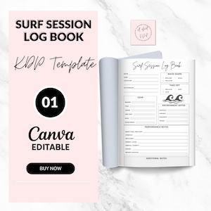 May include: A pink and white Canva editable Surf Session Log Book. The open book displays a detailed layout for recording surf session data, including date, location, and wave conditions. The cover features text: "Surf Session Log Book" and "Canva Editable".