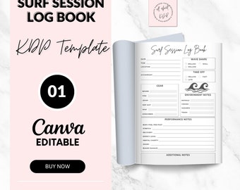 Surf Session Log Book, Digital Journal (Canva Editable, 6x9)