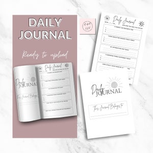 May include: A collection of white daily journals with black text and a sun graphic. The journals include prompts for gratitude, goals, affirmations, and reflections. The words "Daily Journal" and "This Journal Belongs To" are visible.