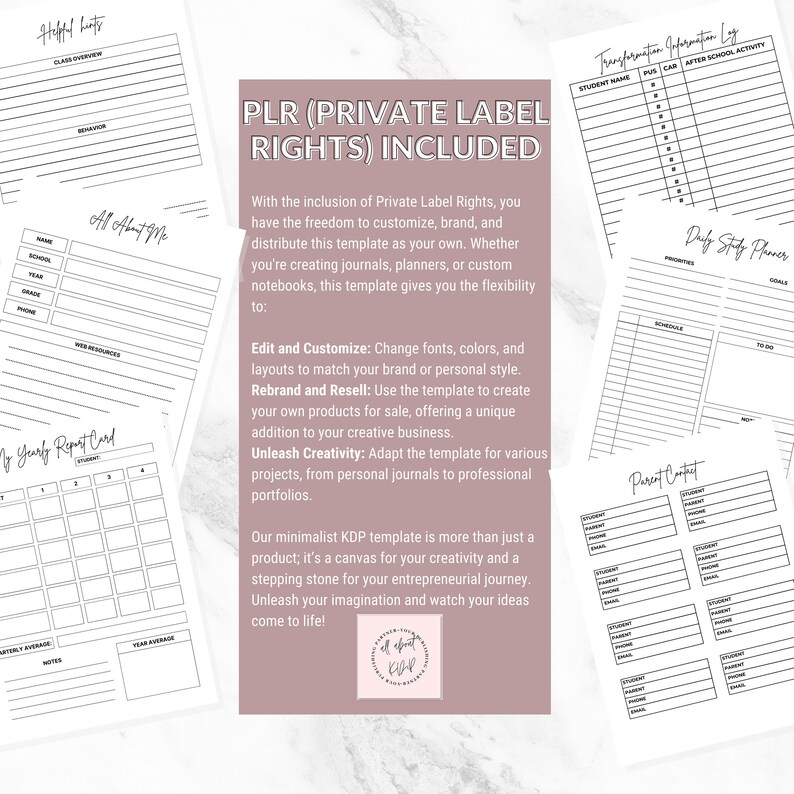May include: A collection of printable planner pages with the text "PLR (Private Label Rights) Included." The pages include sections for class overview, student information, daily study planning, and parent contact details. The design is minimalist.
