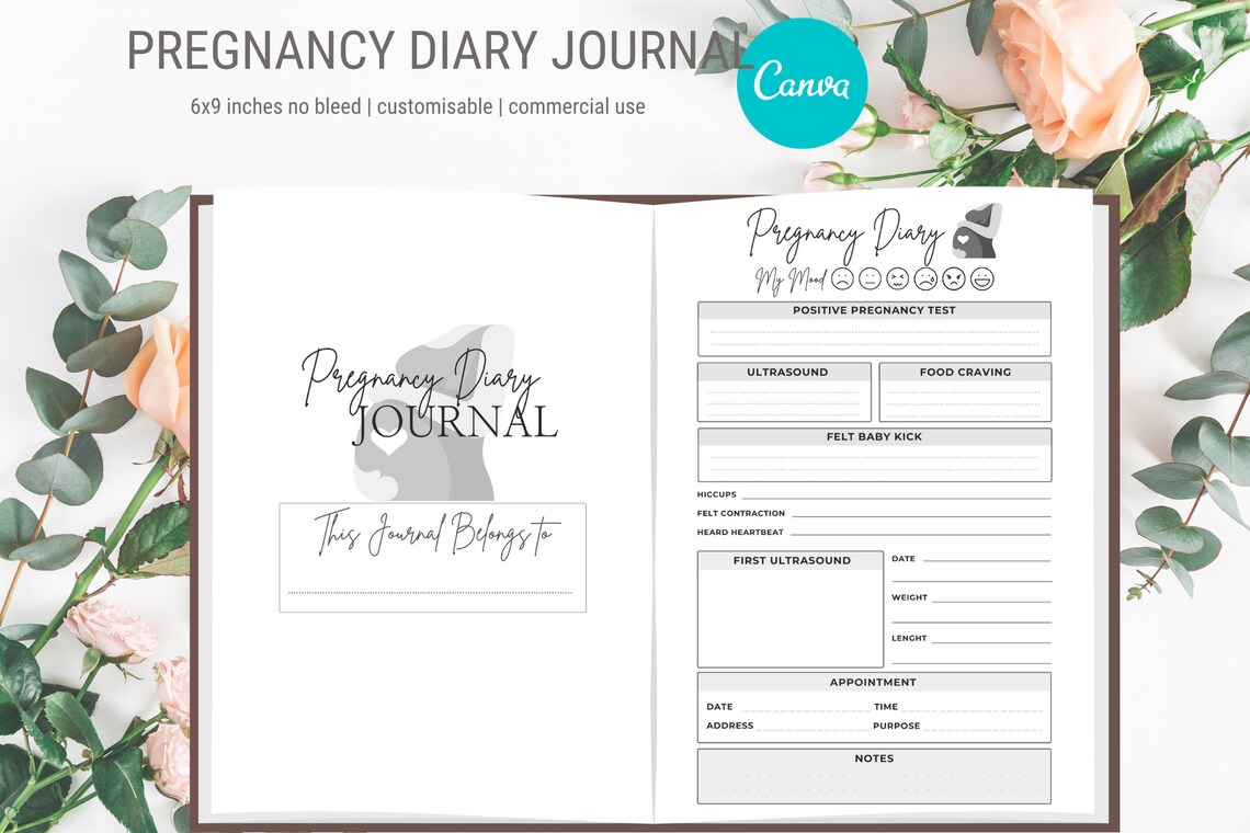 Pregnancy Diary Journal Canva Editable Template 6x9 Inches no Bleed