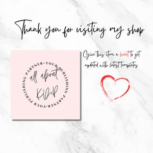 May include: A light pink square with the text "all about KAP" inside a circular design. The words "Thank you for visiting my shop" are written in cursive. A red heart graphic is also present, along with the text "Give this item a heart to get updated with latest templates."
