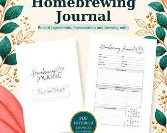 Peut inclure: Un journal de brassage maison numérique avec une couverture et des pages intérieures blanches comprenant des champs pour les ingrédients, la fermentation et les notes de brassage. Le texte indique 120 pages, 6 x 9 pouces, téléchargement numérique.