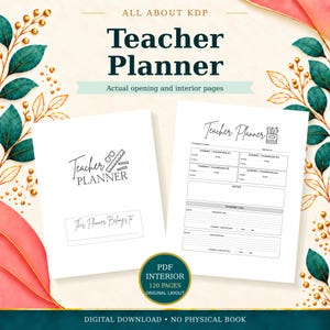 May include: A digital teacher planner with 120 pages, featuring a white cover with the text Teacher Planner and a student information page layout. The design includes dark green leaves and gold accents on a cream background with text.