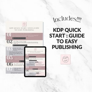May include: A guide titled "KDP Quick Start: Your Guide to Easy Publishing" is displayed on a tablet and a printed page. The guide's cover is white and pink, with text and numbered sections. The text "Includes!!!" is also visible.