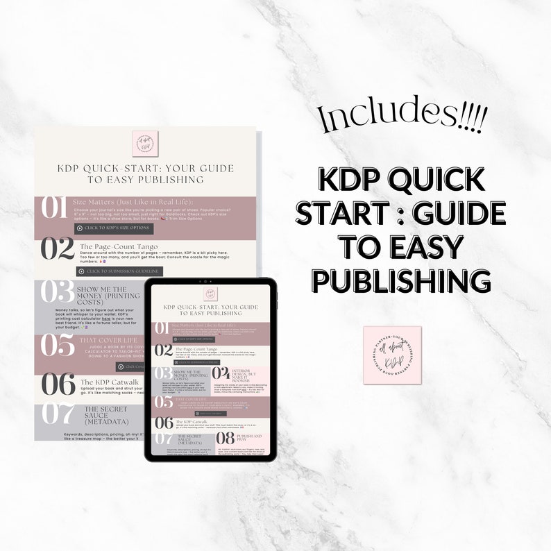 May include: A guide titled "KDP Quick Start: Your Guide to Easy Publishing" is displayed on a tablet and a printed page. The guide's cover is white and pink, with text and numbered sections. The text "Includes!!!" is also visible.