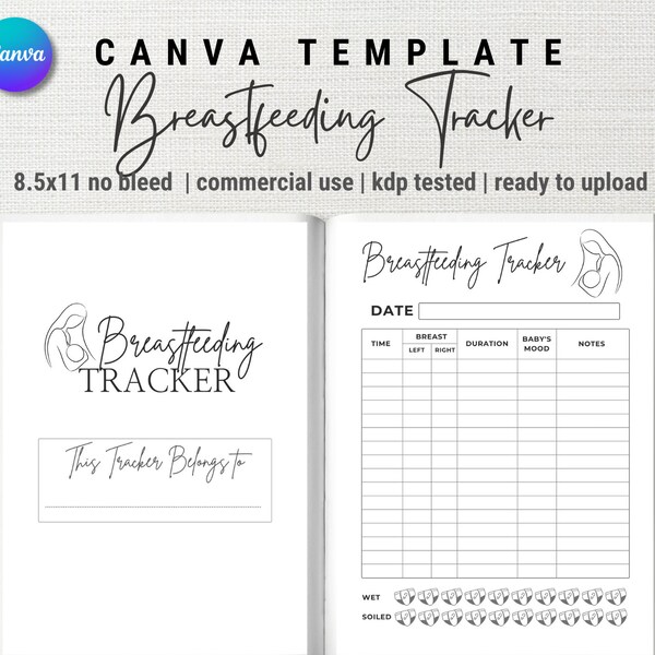 Canva Editable Breastfeeding Tracker | KDP Interior  | 8.5x11 inches (no bleed) | Commercial Use | Ready to Upload PDF