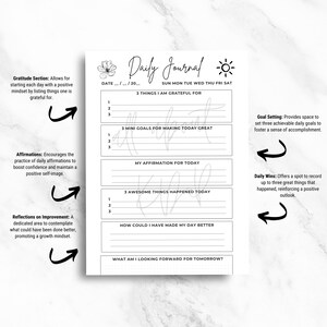 May include: A white Daily Journal with sections for gratitude, goals, affirmations, and reflections. The journal includes prompts for daily entries, with a floral design and sun icon at the top. The journal is designed to promote a positive mindset.