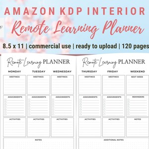Könnte beinhalten: Ein Remote Learning Planner mit weißem Innenraum, mit Abschnitten für Besprechungen, Aufgaben und Aktivitäten. Der Planer ist 21,6 x 27,9 cm groß und hat 120 Seiten. Auf dem Cover steht "Remote Learning Planner".