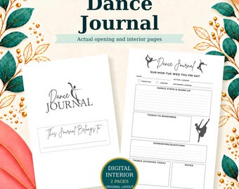 以下が含まれることがあります： 黒いテキストとダンサーのシルエットが描かれた2ページのデジタルダンスジャーナルテンプレート。表紙には「Dance Journal」というタイトルと所有者記入欄があります。内側のページには、日付、ダンスのステップ、宿題、メモ用のセクションが含まれています。