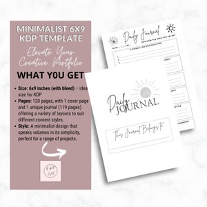 May include: A minimalist 6x9 inch daily journal template with a cover and interior pages. The cover features the words "Daily Journal" in elegant script, and the interior pages include sections for gratitude and daily planning.
