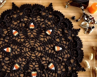 Halloween black doily 20 inch, Round hand woven Halloween spider web black mat for table decoration
