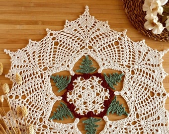 Christmas Trees doily 23 inch, Snowflake Christmas table doily hand woven in off-white cotton combined with dark red and green
