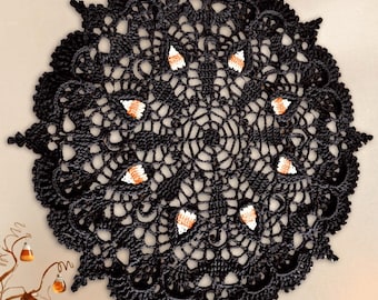 Crochet Candy Corn Doily: Black Halloween Centerpiece, Handmade Table Decor