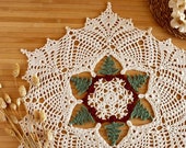 Christmas Trees doily 23 inch, Snowflake Christmas table doily hand woven in off-white cotton combined with dark red and green