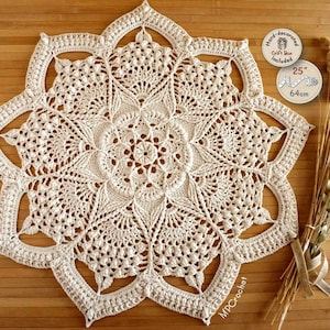 Lotus mandala doily with delicate reliefs hand crocheted with soft off-white cotton. Ivory table cover or wall art artistic doily 25 in