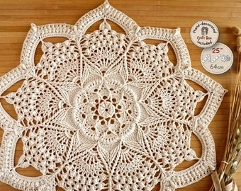 Lotus mandala doily with delicate reliefs hand crocheted with extra soft off-white cotton. Ivory table cover or wall art artistic doily