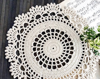 18 inch off white round doily ideal as a coffee table and side table mat, a hand woven cotton doily ready to ship.