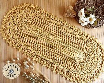 Golden yellow oval doily custom size, Shiny Egyptian cotton yellow textured table runner, Cottage crochet table decor doily.