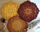 Extra soft summer doilies decorative trio, Delicate ombré effect yellow and fire color doilies, End and coffee table doilies