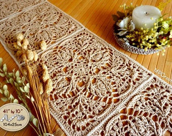 Beige crochet table runner with elegant reliefs, Dresser scarf 41 by 10 inches