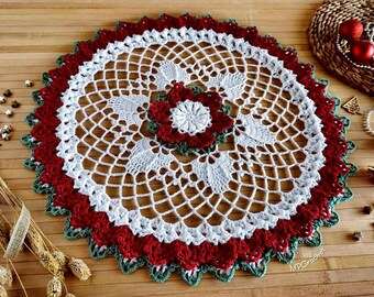 Christmas doily vintage style 20 inch, Christmas openwork table doily with nice reliefs hand woven in red white and green colored cotton