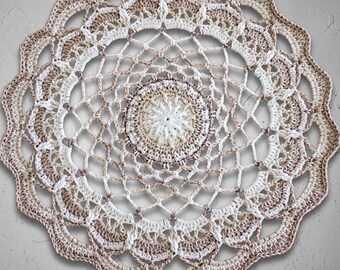 Beige Crochet Doily: Round Lace Centerpiece, Neutral Scandinavian Decor