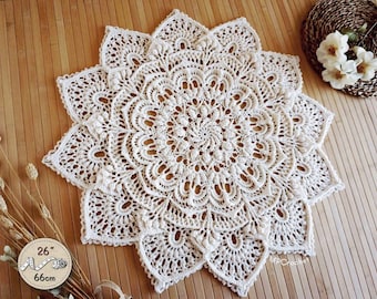 Handmade lotus mandala with attractive layers of reliefs, Off-white crochet layered wall art mandala, Ivory lotus flower large doily