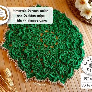 St Patricks green doily with golden edge, Custom size emerald green shamrocks special decor doily, Garden porch table decor clovers relief image 5