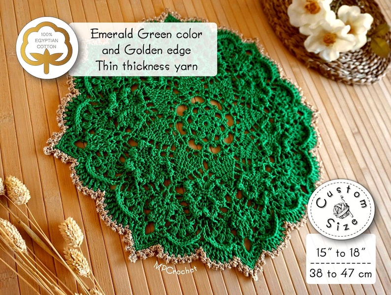 St Patricks green doily with golden edge, Custom size emerald green shamrocks special decor doily, Garden porch table decor clovers relief image 5