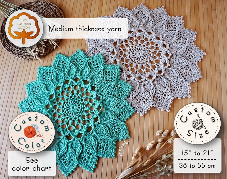 Custom size and color floral motif textured doily hand crocheted with 15 stunning Egyptian cotton colors image 2