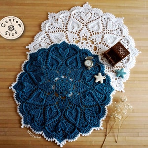 Beach house blue and white doilies set, Custom size Lake house table doily duo, White and Indigo coastal table mats, Boat table decor