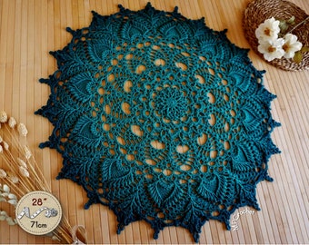 Green large doily, Gradient teal green hand crochet table doily 28 inch, Cottage round table runner, Turquoise green table topper