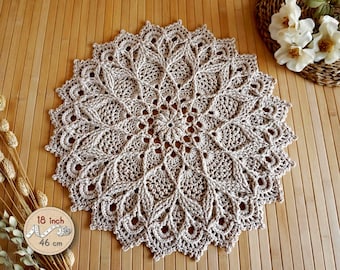Beige crochet doily 18 inch with delicate reliefs, Yoga room wall decor light beige mandala