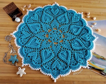 Turquoise doily custom size, Blue crochet doily with hearts in relief, Beach cottage side table doily, Lakehouse table decor