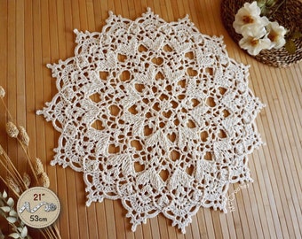 Off-white crochet doily with over 100 hearts in relief and openwork, Artistic hearts doily for coffee table