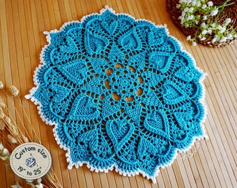 Turquoise blue crochet doily with hearts in relief, customizable size