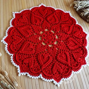 Red Heart or White Crochet Doily: Egyptian Cotton Table Centerpiece White trim light red