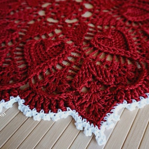 Red Christmas doily custom size hand woven with shiny Egyptian cotton creating an elegant texture of embossed hearts image 5